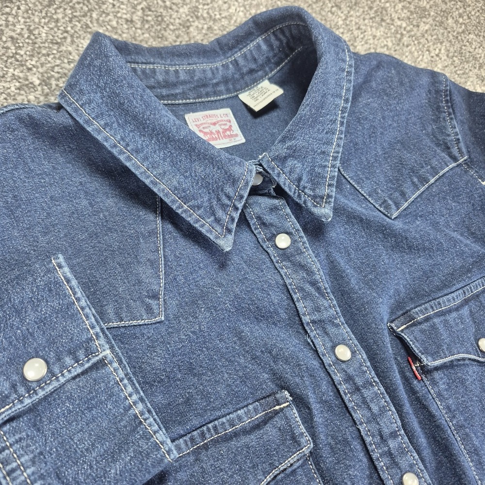Levi's‎ Essential Western Denim Shirt Women's 2X Blue Stretch Pearl Snap Rodeo